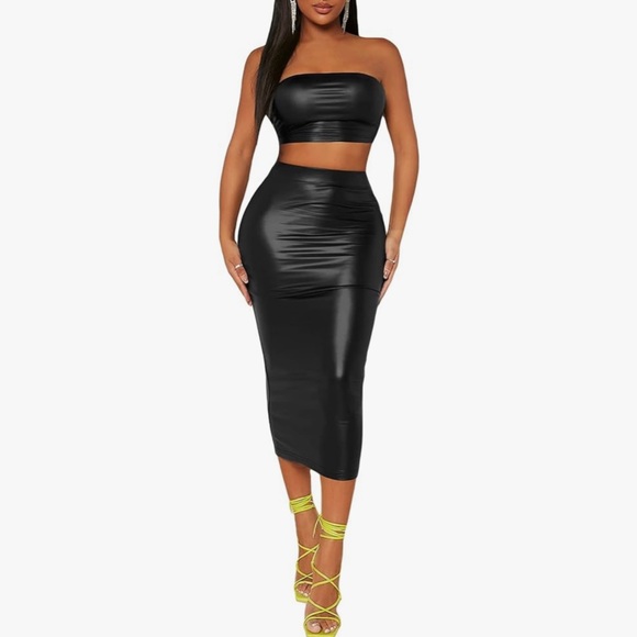 2 piece faux leather body-con skirt and tube top Medium - Picture 2 of 7